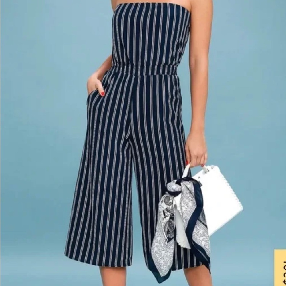 Lulu's Navy and White Striped Jumpsuit